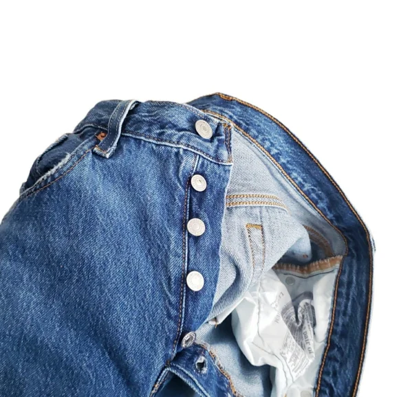 Levi's 501 Skinny Premium Jeans Big "E" Denim Blue Wash Distressed Size 30 hi Ri - Picture 9 of 16